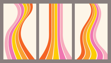 Retro rainbow line backgrounds. Groovy vintage 70s abstract flow for poster design. Perspective swirl dynamic stripes. Vector backdrops with parallel pink and orange waves