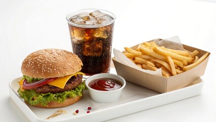 Classic cheeseburger, golden french fries, and a cold soda combo on white background.