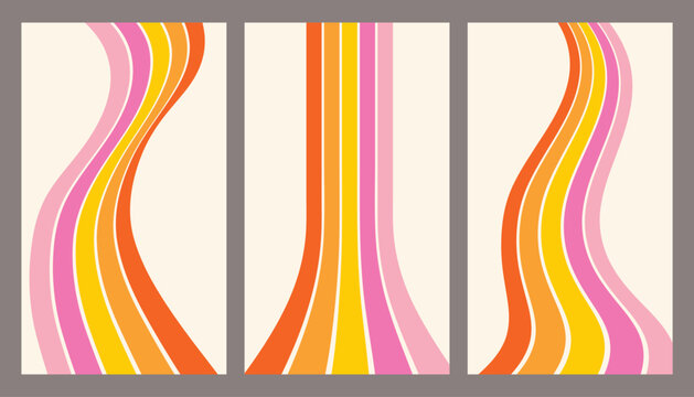 Retro rainbow line backgrounds. Groovy vintage 70s abstract flow for poster design. Perspective swirl dynamic stripes. Vector backdrops with parallel pink and orange waves