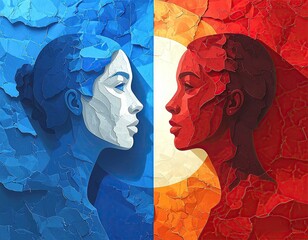 Two women's profiles, contrasting colors