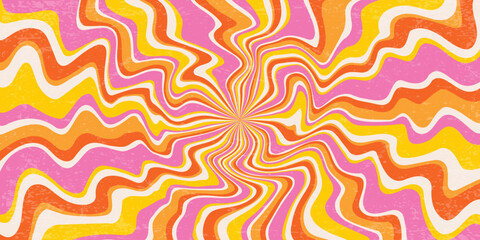 Obraz premium Swirl psychedelic background with wavy pattern of radial sun rays. Vector groovy candy backdrop with grunge texture. Summer pink and orange funky vintage bg.