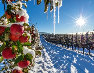 Snowy apple orchard, sunlit path