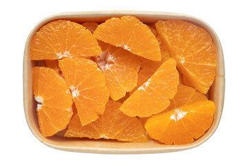 Fresh of mandarin orange segments in a brown paper box isolated on a transparent background. Top view shot