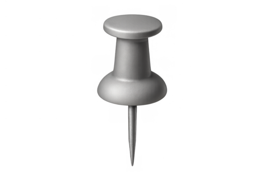 Silver metallic thumbtack pushpin pinning concept, office supply stationery with sharp needle, isolated on transparent background