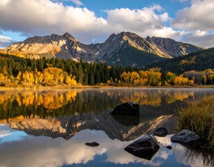 Mountain lake mirroring autumn colors