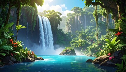 Lush waterfall cascading into a tranquil jungle pool
