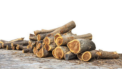 Close-up low-angle view of large logs that have been cut down and piled on a concrete floor, commonly seen in rural Thailand.