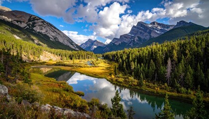 Mountain valley, serene lake reflection, autumn colors