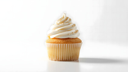 Delicious vanilla cupcake with creamy frosting sitting alone on a pristine white background, minimalist dessert photography for bakery or food advertising