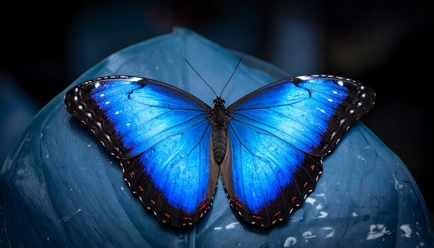 Vibrant blue Morpho butterfly with open iridescent wings resting on a dark leaf, close-up.