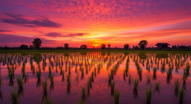 Beautiful sunset over rice field with water reflection