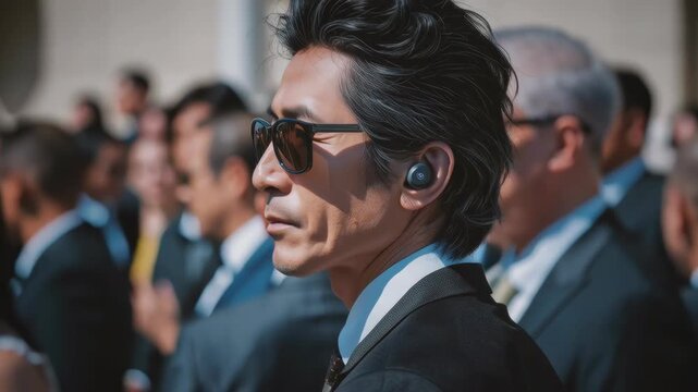 Stylish man in sunglasses and earpiece standing among crowd at formal event, evoking yakuza bodyguard theme and authority.