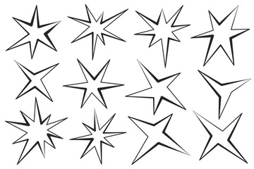 Irregular star shapes. Abstract vector random spiky sparks with geometric funky flashes with rays. Black retro sparkles on white background