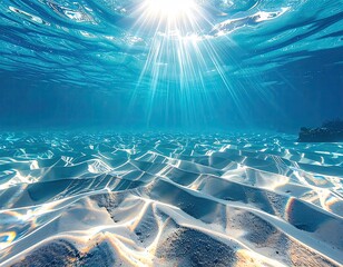 Underwater sunbeams on sandy ocean floor