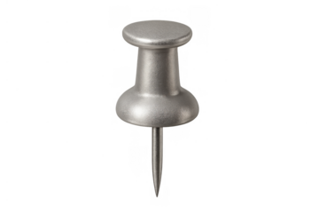 Silver metal pushpin standing upright, sharp tack for office stationery and bulletin board on transparent background