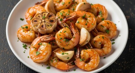 Close up of cooked shrimp with garlic and parsley on a white plate