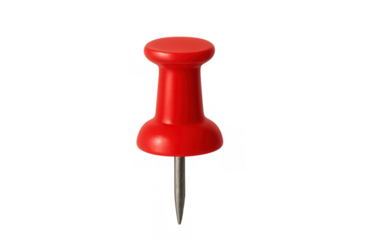 Red plastic pushpin with a sharp metal point providing a useful stationery object. Transparent background