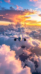 Front-facing airplane flying high above fluffy clouds at sunset