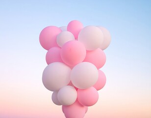 Pink and white balloons cluster against pastel sky