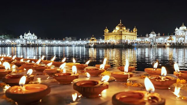Golden temple illuminated with candles during diwali celebration in amritsar, india, creating a serene and spiritual atmosphere guru nanak jayanti