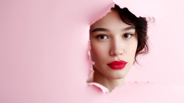 a beautiful woman looking through a hole in a pink paper background