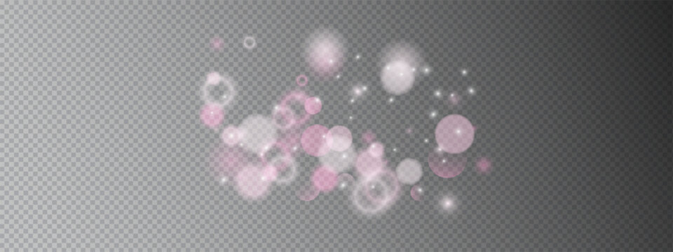 Pink abstract bokeh backhriund with soft glowing circles and particle shimmer on transparent texture. Dreamy romantic atmosphere vector pattern with elegant shine.