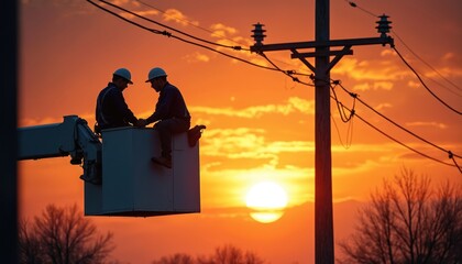 Two utility workers in bucket truck fix power lines at sunset. Wear hard hats, working high up on electric pole against vibrant orange sky. Dedicated crew ensures energy flow for community safety.