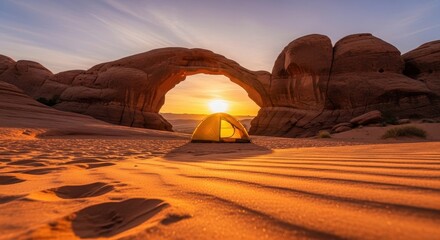 Yellow tent camping in the desert under a scenic rock arch at sunset