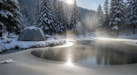 Winter landscape featuring snow covered trees and frozen lake with tent