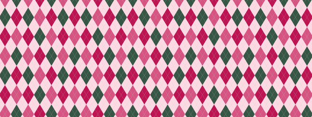 Pink argyle pattern background with green diamond shapes creating plaid texture. Repeating rhombus, diagonal lines, geometric blocks form classic design. Vector cozy seamless wallpaper.