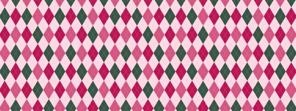 Pink argyle pattern background with green diamond shapes creating plaid texture. Repeating rhombus, diagonal lines, geometric blocks form classic design. Vector cozy seamless wallpaper.