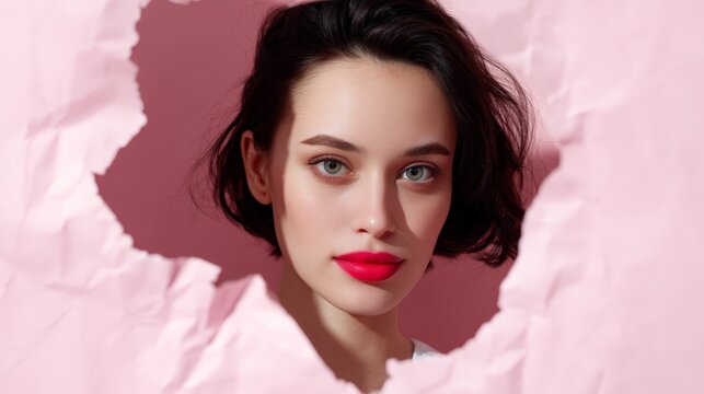 a beautiful woman looking through a hole in a pink paper background