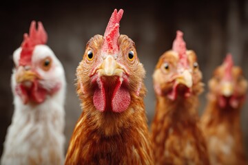 Naklejka premium Funny chickens display curious expressions in closeup portrait, showcasing their vibrant colors and unique features in a lively farm setting