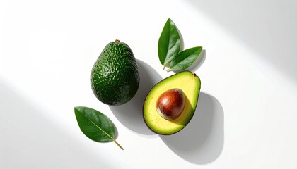 Two avocados, one whole and one halved, with leaves, on white background
