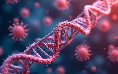 Close up of molecular RNA structure surrounded by various viruses under a vibrant microscopic view. Generative AI. High quality