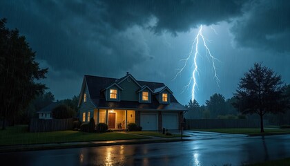 Fototapeta premium Two story house in suburban neighborhood on stormy night. Lightning bolt strikes near house. Heavy rain pours down. Windows of house illuminated from inside. Garage door, front door closed. Wet road