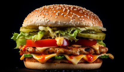 Juicy burger featuring a savory chicken patty with fresh tomatoes, cheese, lettuce, and pickles on a sesame bun