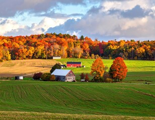 Autumnal farm scene with colorful trees and barns
