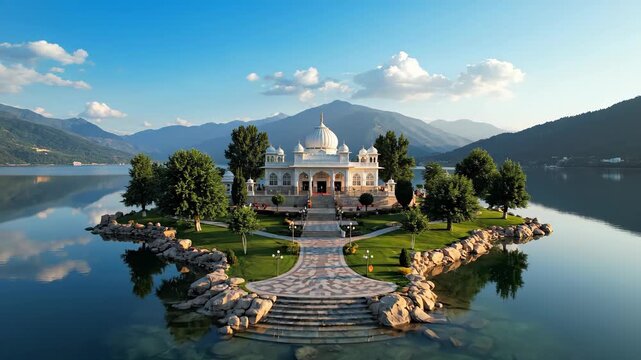The serene pari mahal stands majestically on an island in dal lake, srinagar, kashmir, india, under a clear blue sky guru nanak jayanti