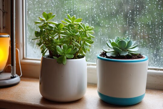 Two potted succulents sit by a window, rain streaks on the glass. Cozy indoor scene