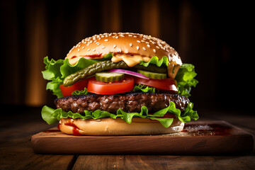 Delicious stacked burger with fresh toppings on rustic wood serving board, perfect for foodies and restaurant marketing