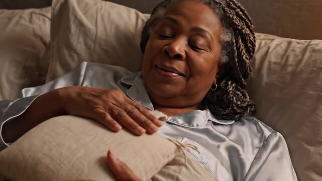 An older woman rests in bed, holding a warm compress, appearing unwell