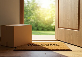 A welcoming entrance scene featuring an open wooden door, a doormat with the word 'WELCOME', and a cardboard box placed beside it.