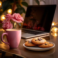 Cozy evening with laptop, sweet cookies, and a warm drink creates a relaxing and delightful atmosphere