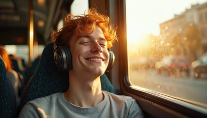 Happy young man enjoys music on a sunny bus ride. The passenger listens to tunes on headphones. He is smiling eyes closed bathed in sunlight during commute.