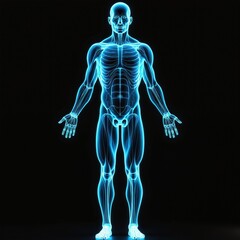 Illustration shows human muscular system anatomy. Male figure displays musculature. Glowing man presents structure. Medical concept shows anatomical form for science healthcare. Figure for education