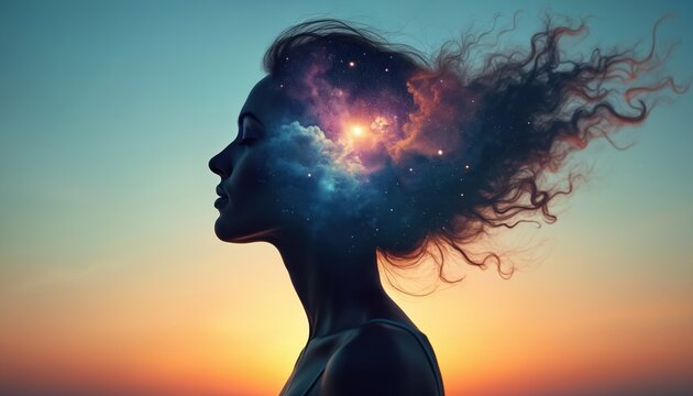 Silhouette of woman with space inside her head. Cosmic clouds and stars in her hair against sunset background. Dreamy, artistic photo about mind, imagination, concept of inner universe.