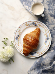 Golden croissant on ornate plate with fresh flowers and milk creates inviting breakfast scene with light and airy feel