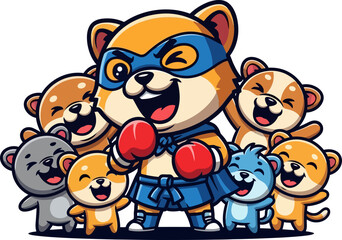 Naklejka premium mighty hero leads adorable crew, celebrating collective success with glee, isolated on transparent background