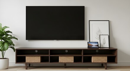 A contemporary living room features a dark wood entertainment console with woven baskets and a large flat-screen TV mounted above.